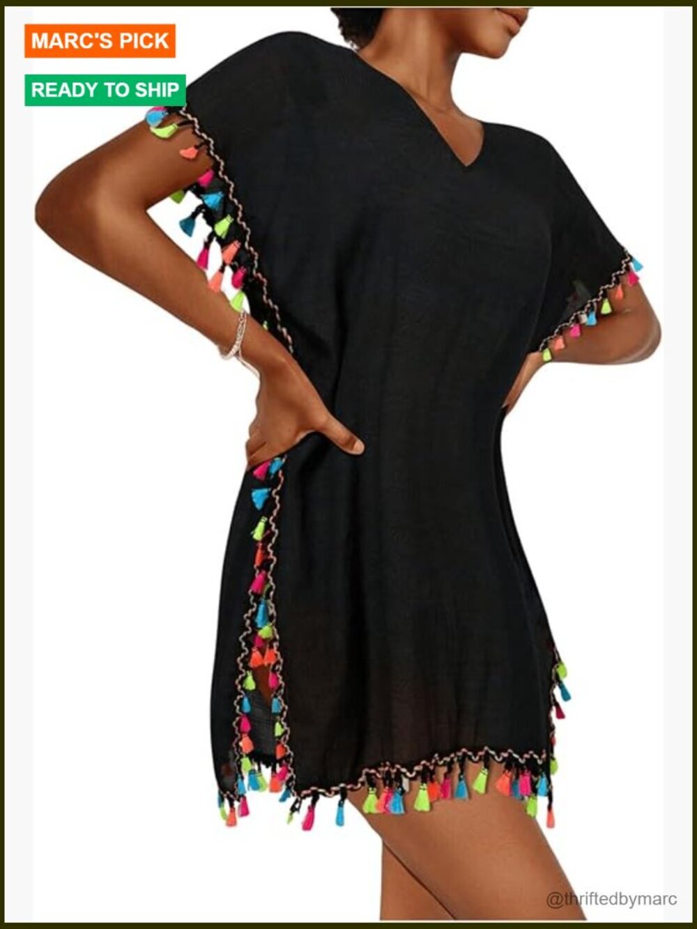Tassel Short Sleeve Swimsuit Cover Up with Split Hem